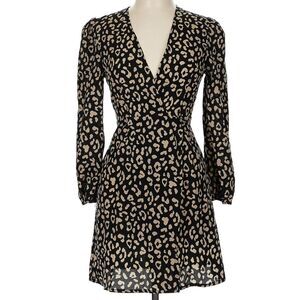 Nic & Jo Black Tan Cheetah Print Self Tie Wrap Around LS Casual Dress M